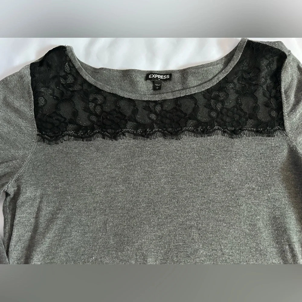Express 3/4 Sleeve Gray Sweater with Black Lace Detail Size Large